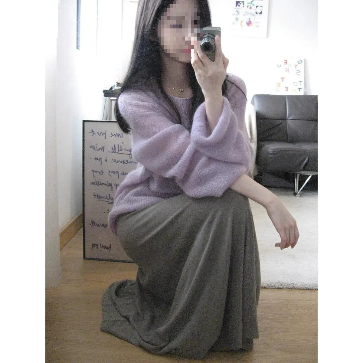 Purple women's round neck blouse with princess sleeves and hollow out details made from ice silk fabric