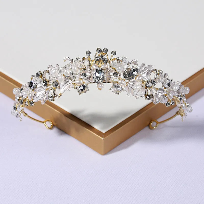 Women's gold alloy crown headdress hair accessory with pearl detailing for formal events