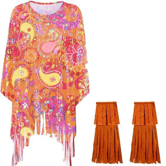 Tie dye cloak costume with bell sleeves in rainbow colours made from spandex fabric