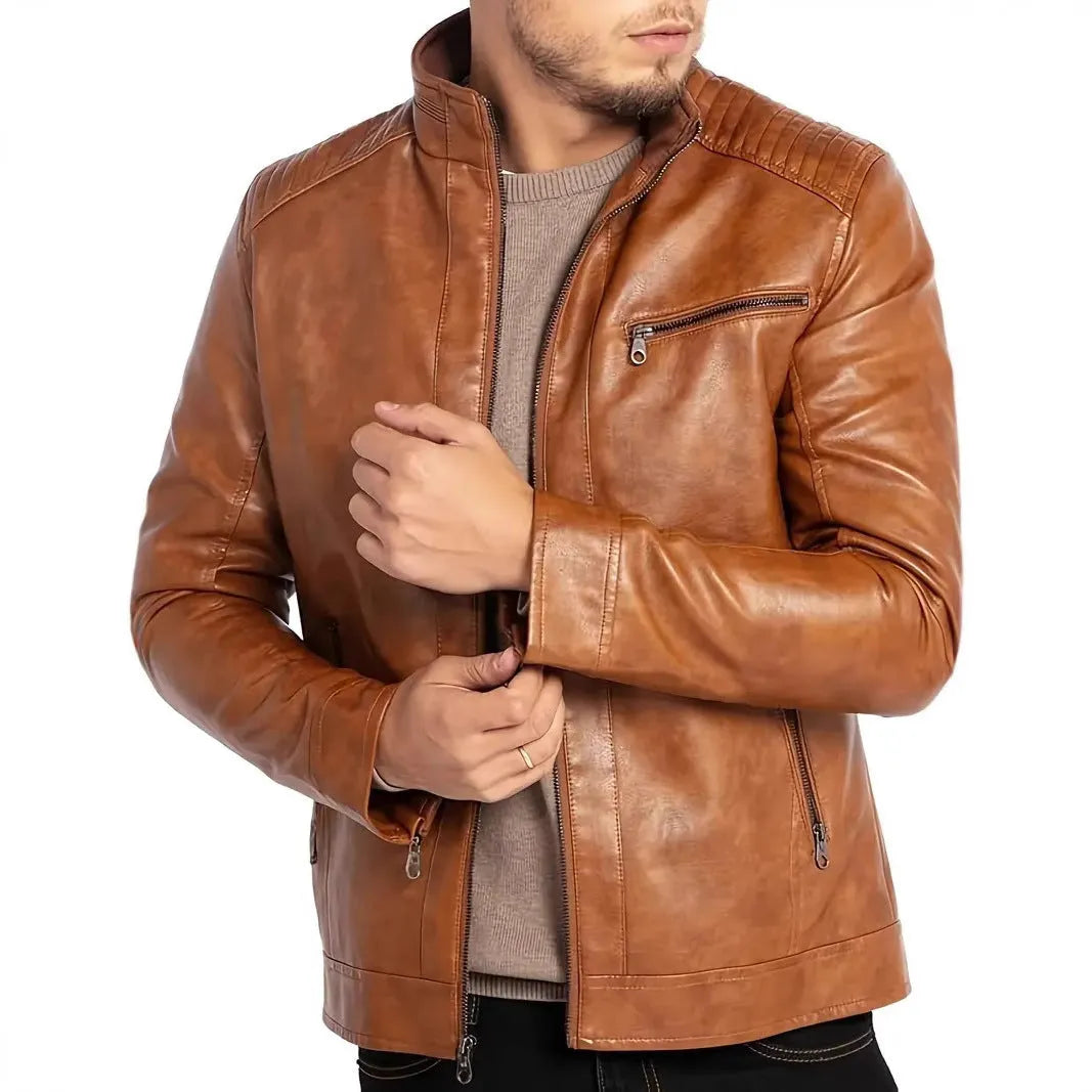 Men's brown artificial leather punk motorcycle jacket with stand collar and patch pocket