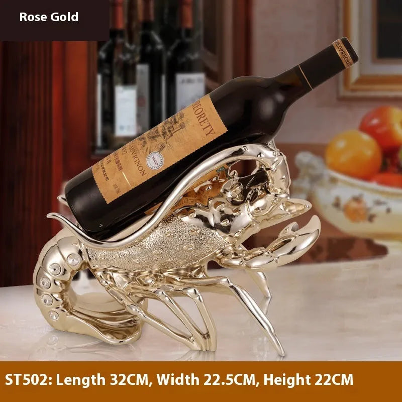 Resin lobster-shaped wine rack ornament in metallic finish holding wine bottle