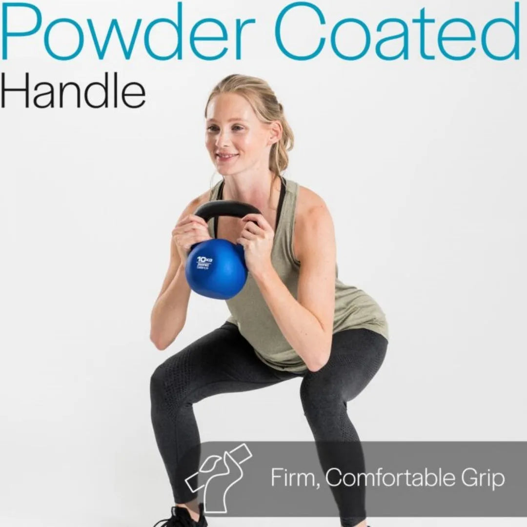 Blue solid cast iron teapot-shaped dumbbell on a plain background