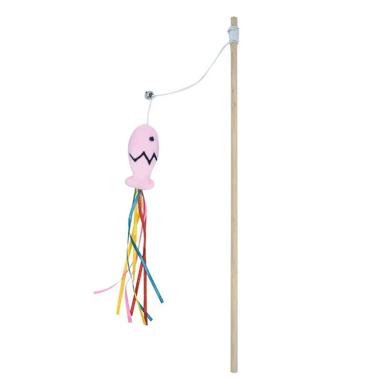 Colourful cat wand toy with ribbons, catnip fish, bell, and wooden handle.