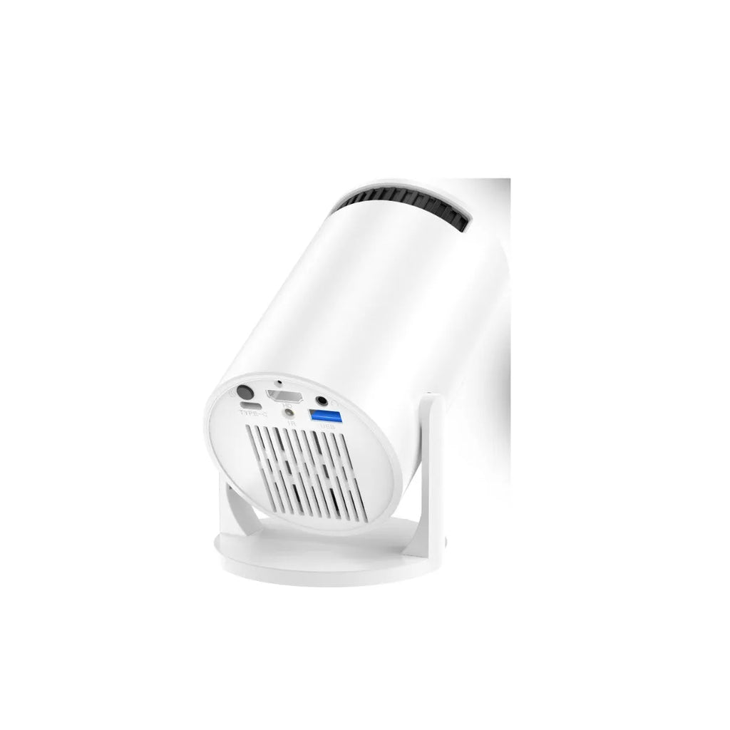 White mini wireless portable HD projector with power plugs for EU, UK and US regions.