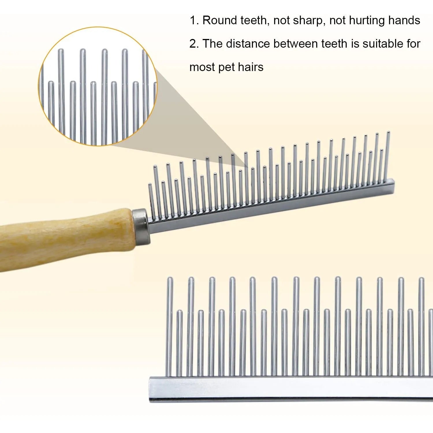 Wooden handle pet grooming comb for dogs and cats with rounded safety tips