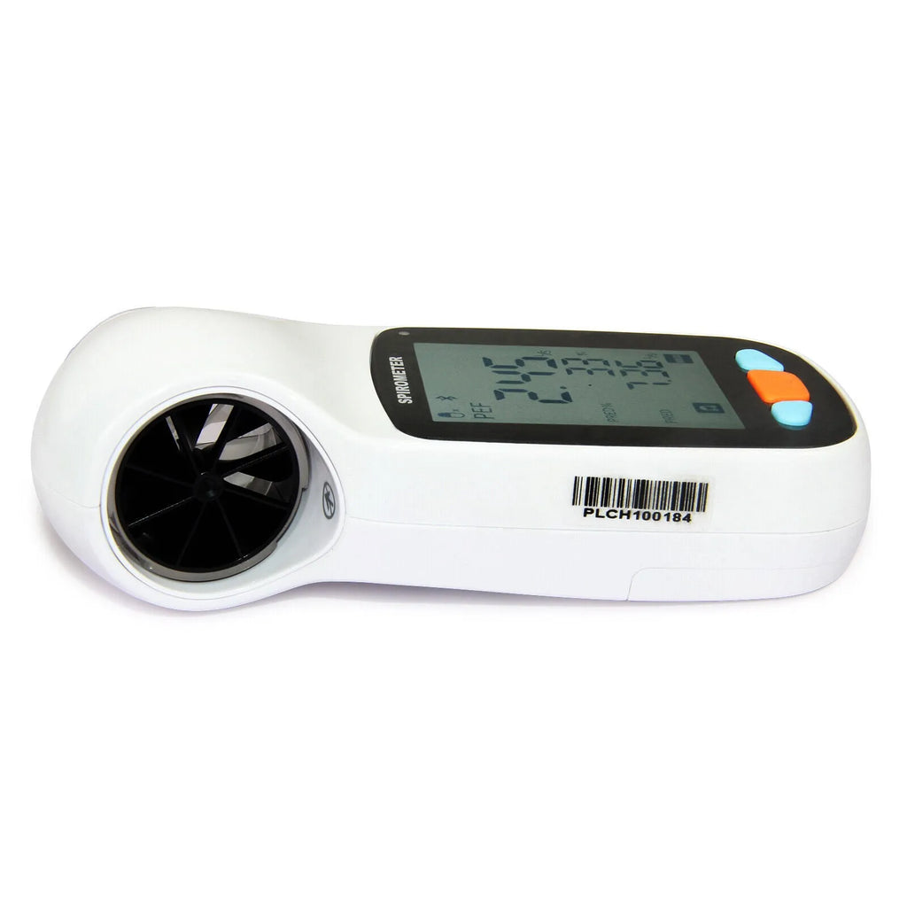 SP70B handheld digital spirometer with Bluetooth, measuring lung function parameters, 138 mm x 63 mm x 47 mm