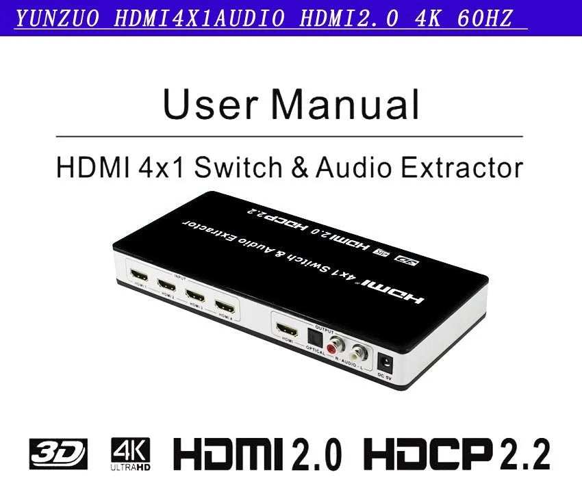 Black HDMI audio switch with 4 input ports and 1 output port, remote control and power adapter
