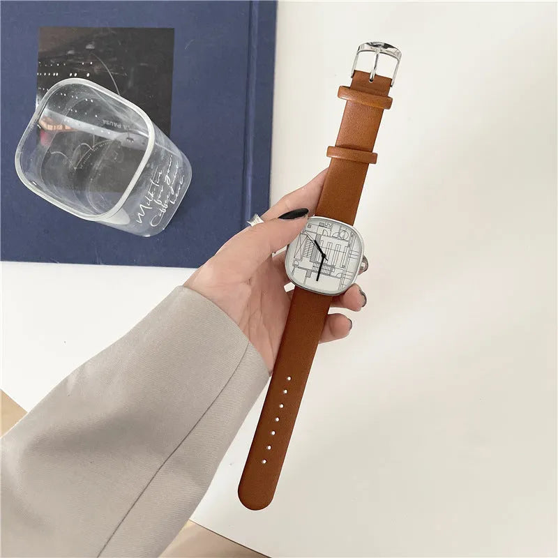 Square women's watch with 43mm dial, 12mm thickness, imitation leather strap, stainless steel pin buckle, five colour options