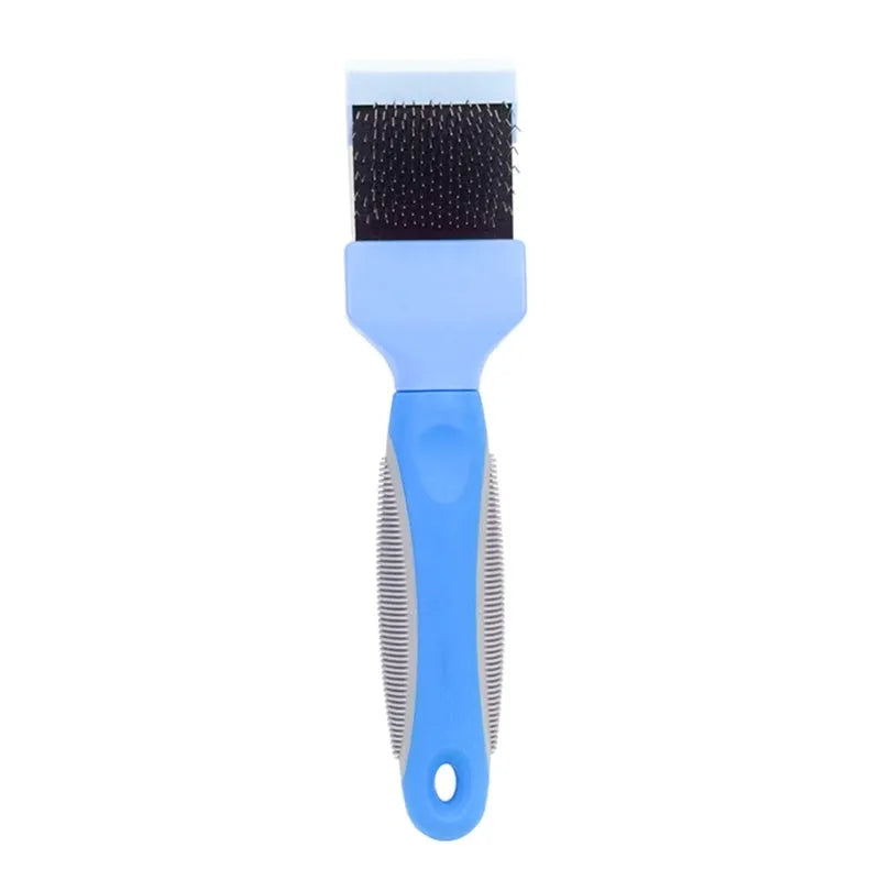 Blue and pink double-sided pet brushes showing soft bristles and stainless steel pins on a non-slip handle.