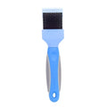 Blue and pink double-sided pet brushes showing soft bristles and stainless steel pins on a non-slip handle.
