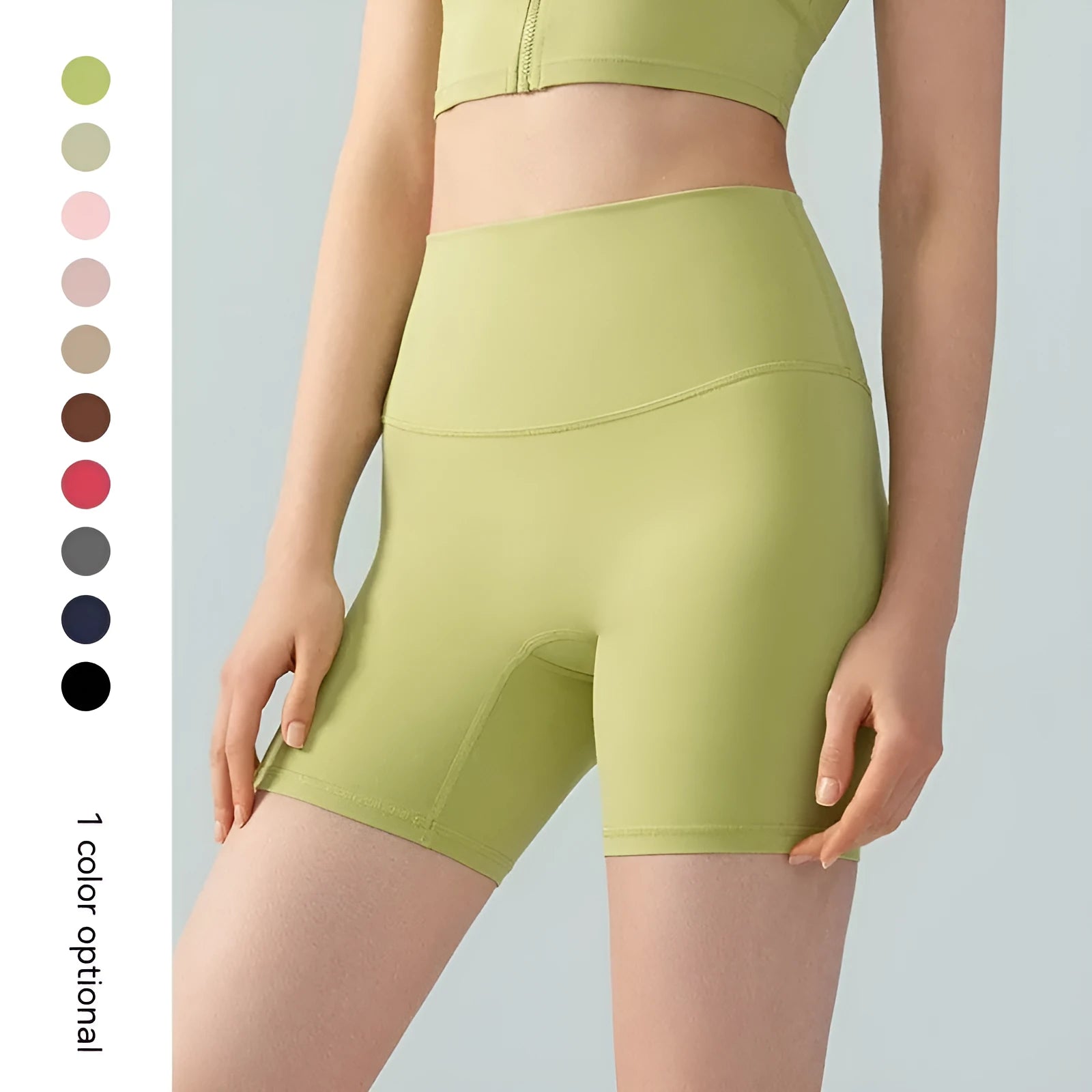 Women's high waist Lycra yoga shorts in leaf green colour, short length for fitness.