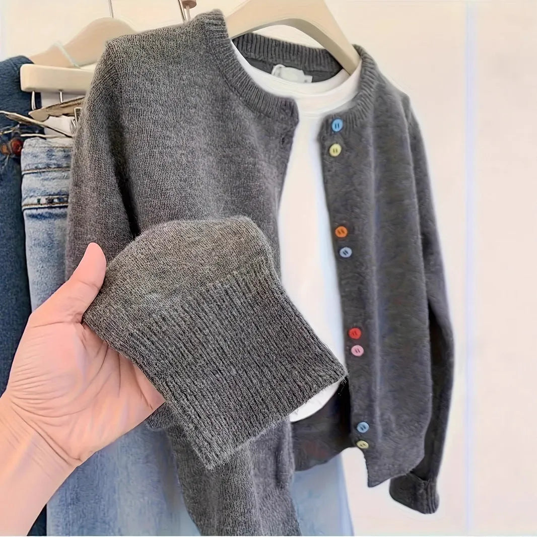 Dark grey women's polyester cardigan with long sleeves and button front.