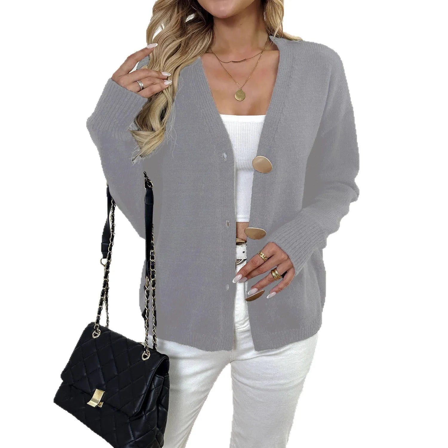 Women's deer plush sweater coat with princess sleeves and irregular street hipster cut in grey colour