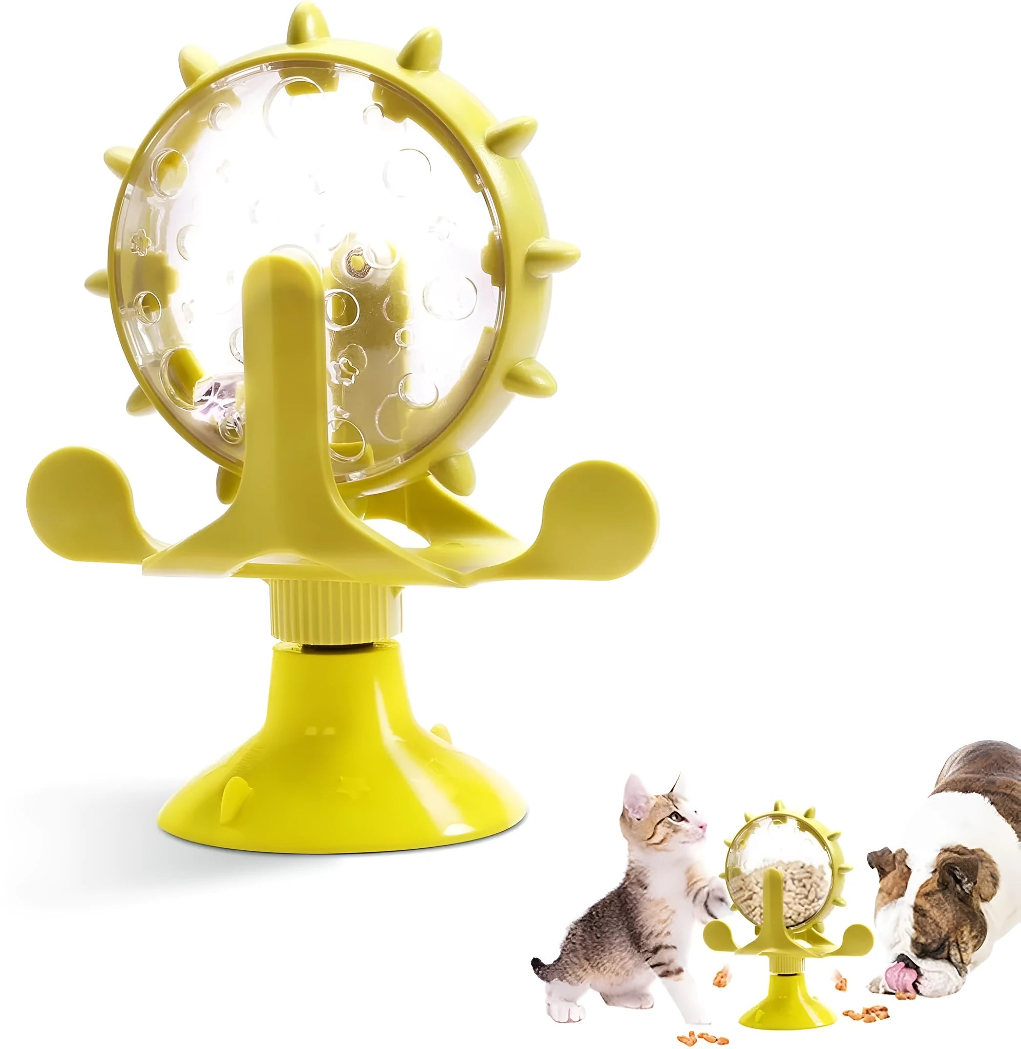 Blue interactive pet puzzle feeder toy with spinner and strong suction cup base.