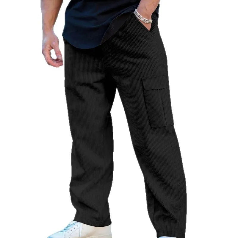 Men's corduroy cargo trousers in loose-fitting wide-leg design with drawstring waist