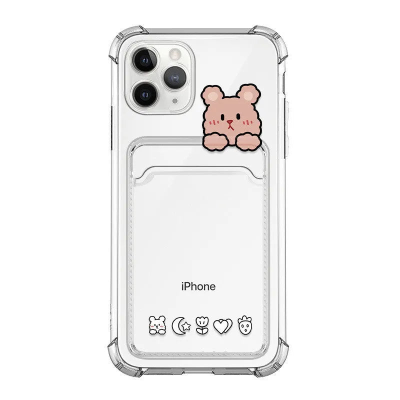 Transparent cartoon-style iPhone case with card slots on the back, for models from iPhone 6 to iPhone 13 Pro Max.