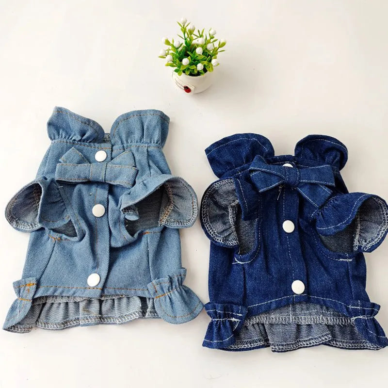 Denim dog dress with ruffle vest and leash hook points on chest and back in dark blue