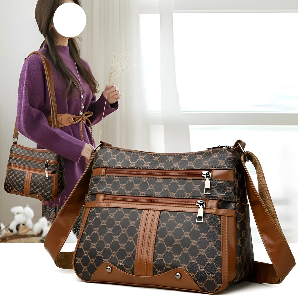Women's large-capacity crossbody bag in brown or white with PU outer, polyester lining, and stitching pattern
