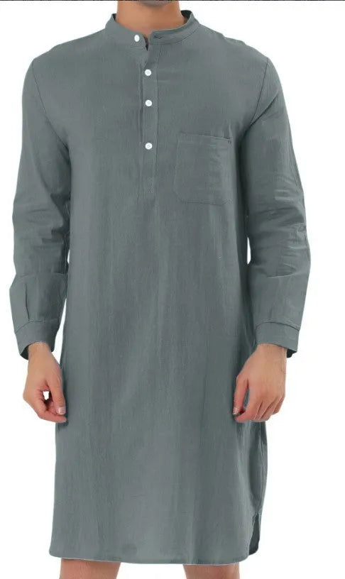 Men's cotton shirt robe shown in one of nine colours, featuring a simple pocket and shirt-length design.