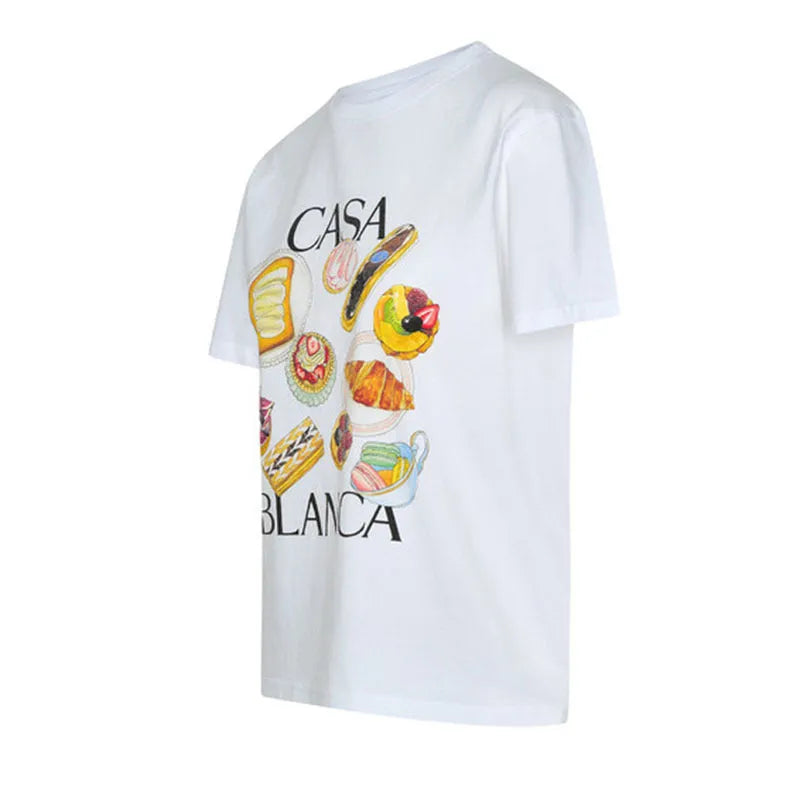 White short sleeve T-shirt with afternoon tea and hamburger print, stripe pattern, loose linen top in S M L XL