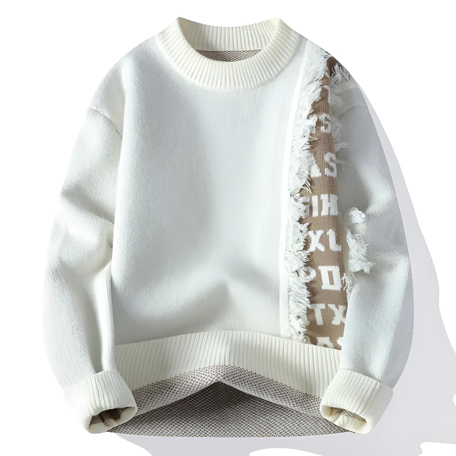 Men's loose fit knitted pullover jumper in grey with ribbed hemline and long sleeves.