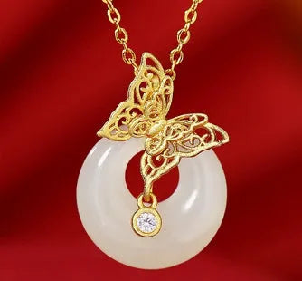 Hetian jade 925 silver butterfly dream peace buckle pendant necklace