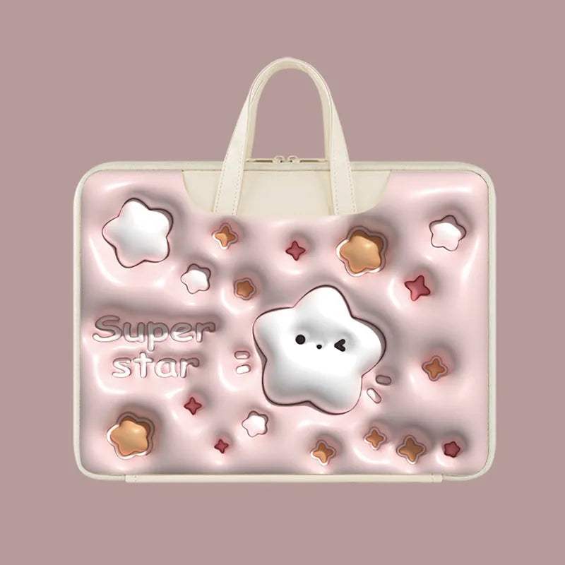 PU leather inflatable laptop bag with strap, shown in a cute character design.