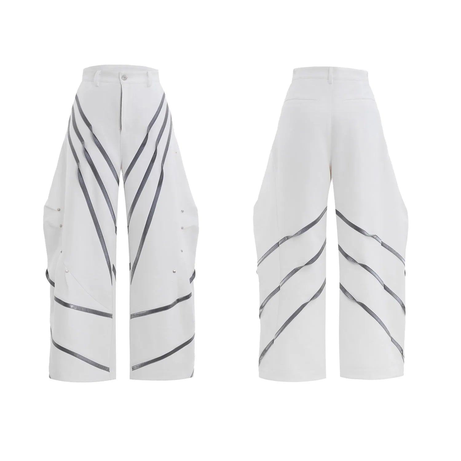 Men's polyester trousers with metal striped rivets and pleated detailing in black or white options