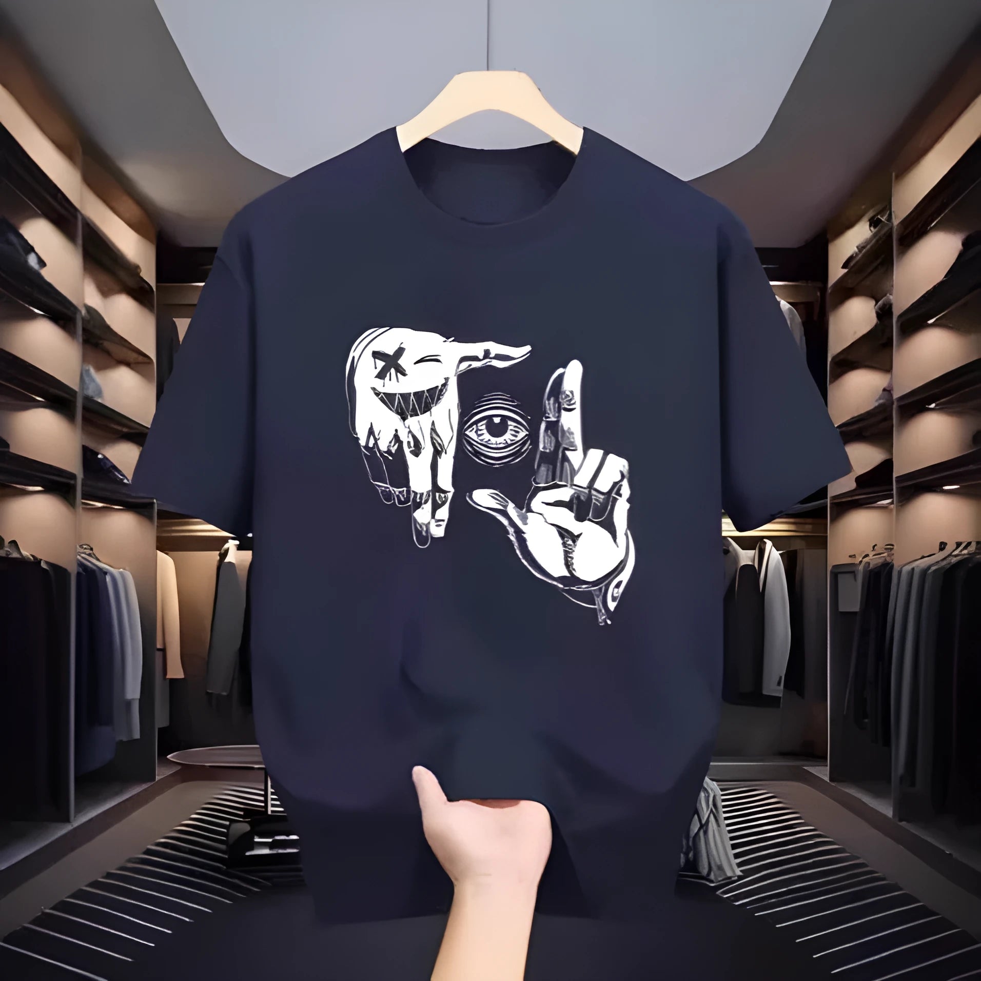 Men's grey mesh t-shirt with blue cartoon digital print, short sleeves and round neck