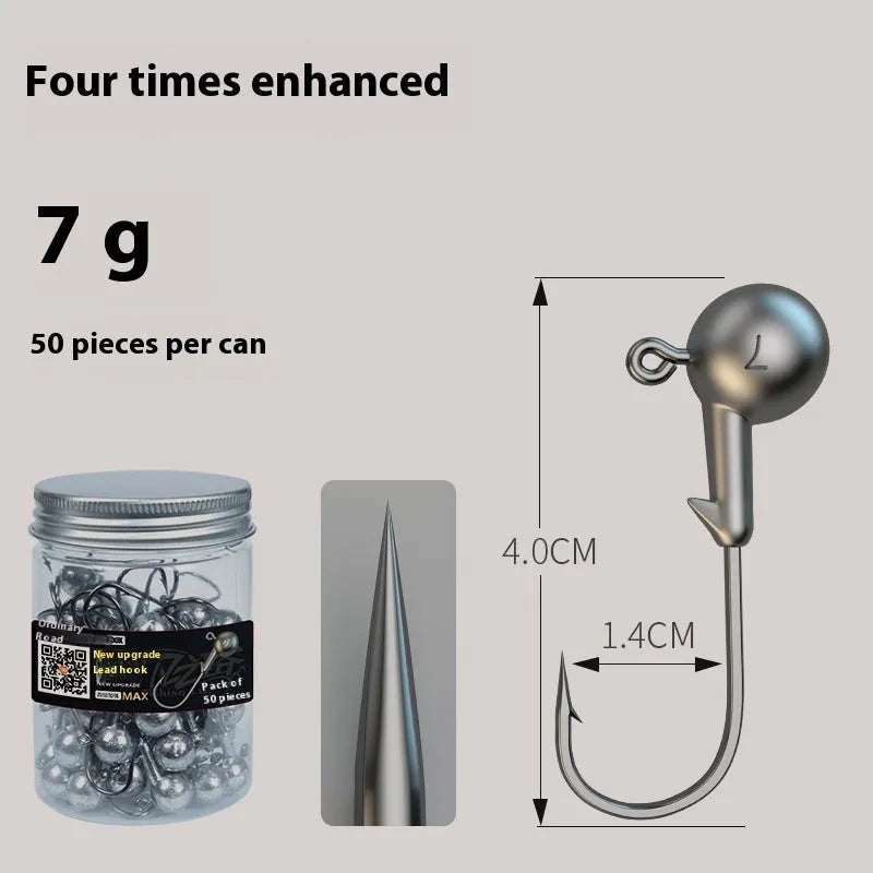 Pack of 50 colour coded enhanced strength fishing jig hooks laid out on a surface.