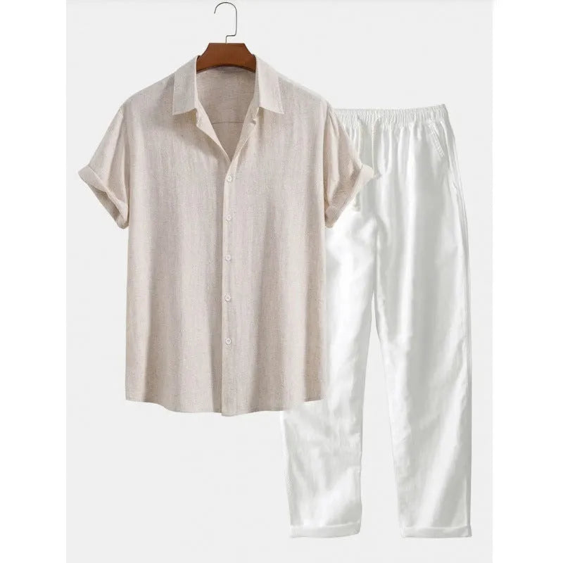 Man wearing casual loose short sleeve shirt and matching trousers in linen-style fabric