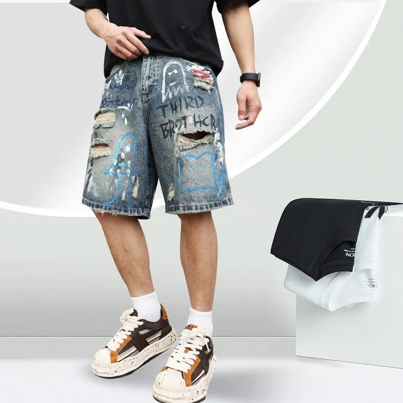 Men's blue denim jeans shorts with straight-leg cut and zipper fly closure