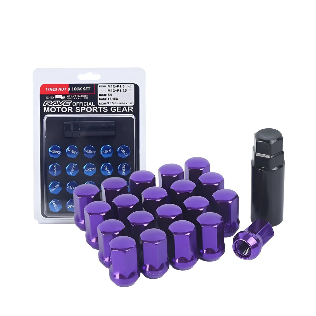 Carbon steel wheel rim nut set in M12 x 1.5 and M12 x 1.25 with nine colour options including black, red, gold and baked blue