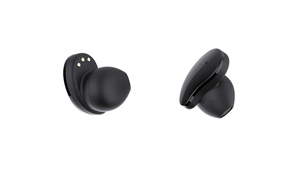 Black smart fitness bracelet with detachable TWS Bluetooth earbuds on a wrist, showing a colour screen display.
