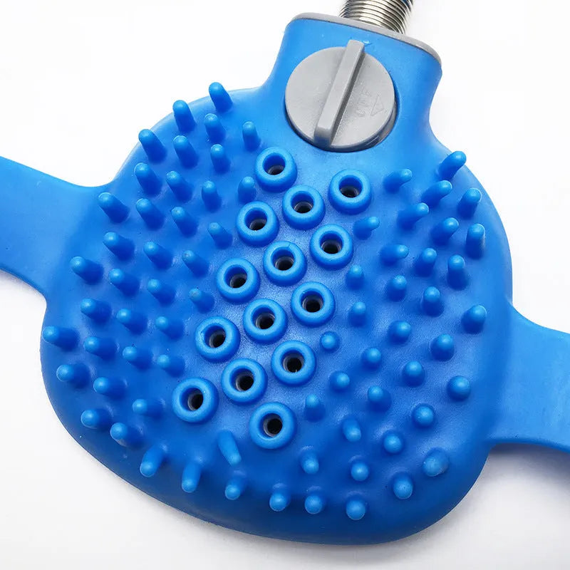 Blue pet bath brush with 2.5-metre hose, silicone and ABS body, and two adapters for dogs and cats