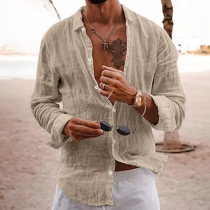 Men's casual cotton linen long sleeve shirt in sky blue with loose fit and lapel collar