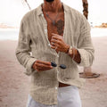 Men's casual cotton linen long sleeve shirt in sky blue with loose fit and lapel collar