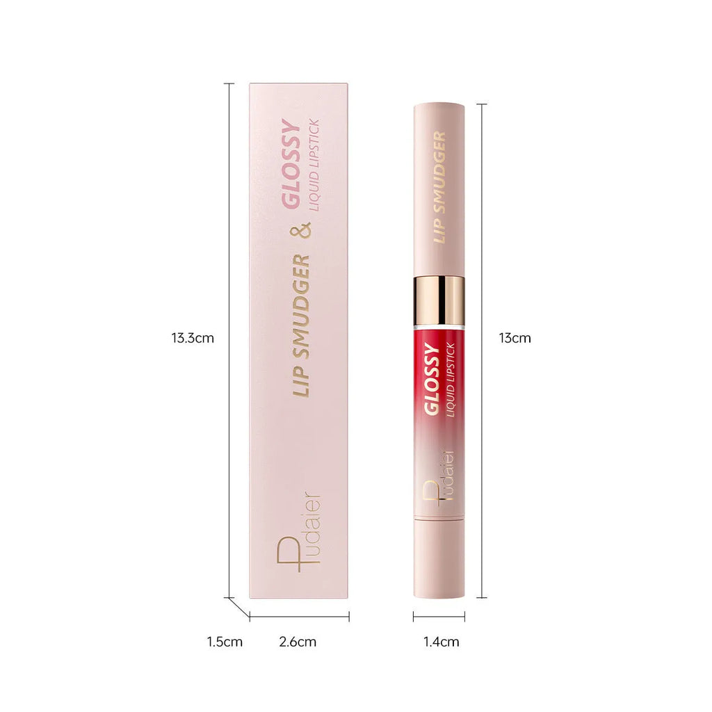Double-headed matte finish lipstick lip gloss in one of ten colour shades with non-stick cup applicator.