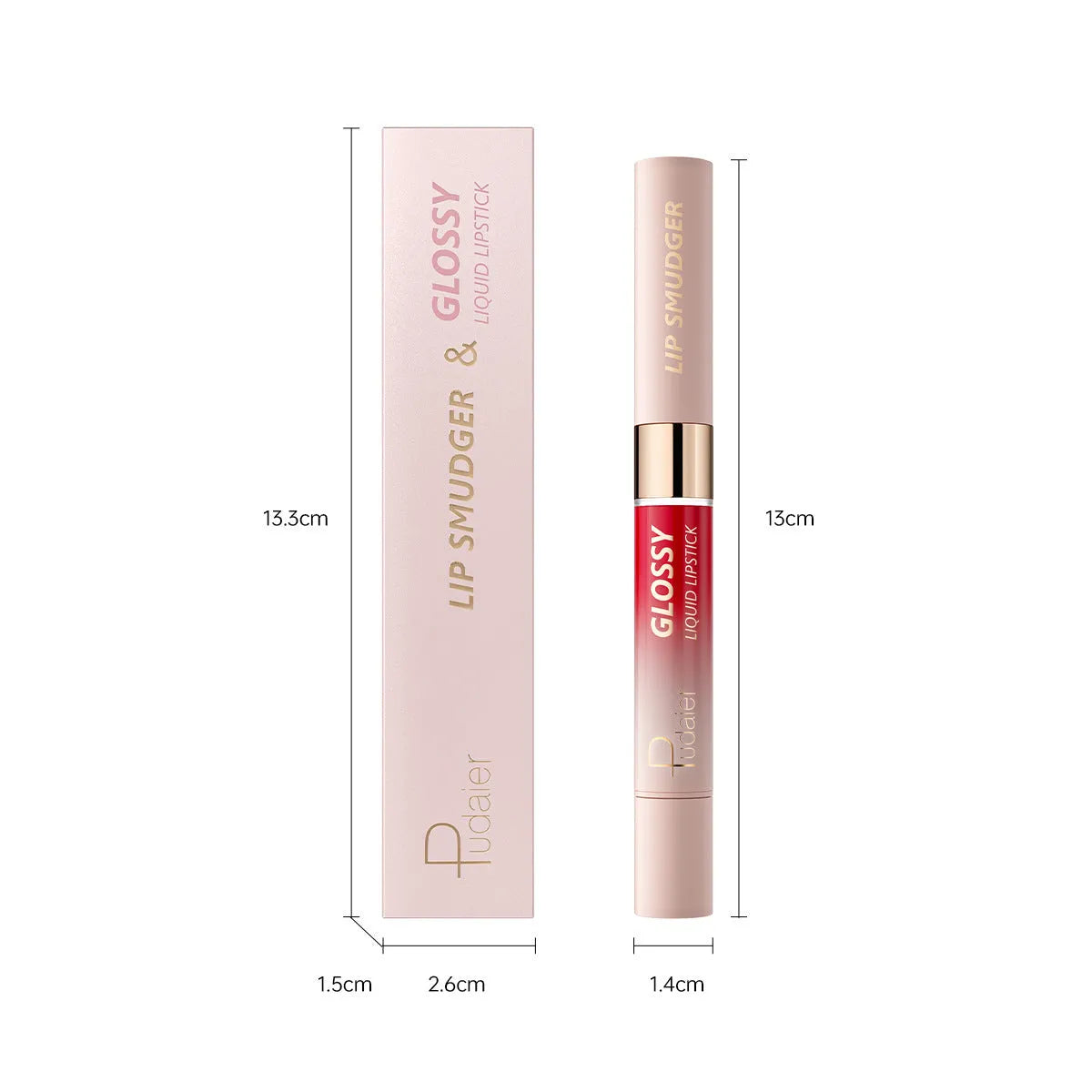 Double-headed matte finish lipstick lip gloss in one of ten colour shades with non-stick cup applicator.