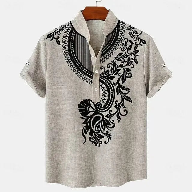 Men's loose fit striped casual shirt in polyester fabric showing personalised button detail