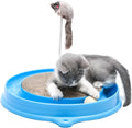 Blue cat scratching post with interactive ball track and replaceable cardboard centre pad