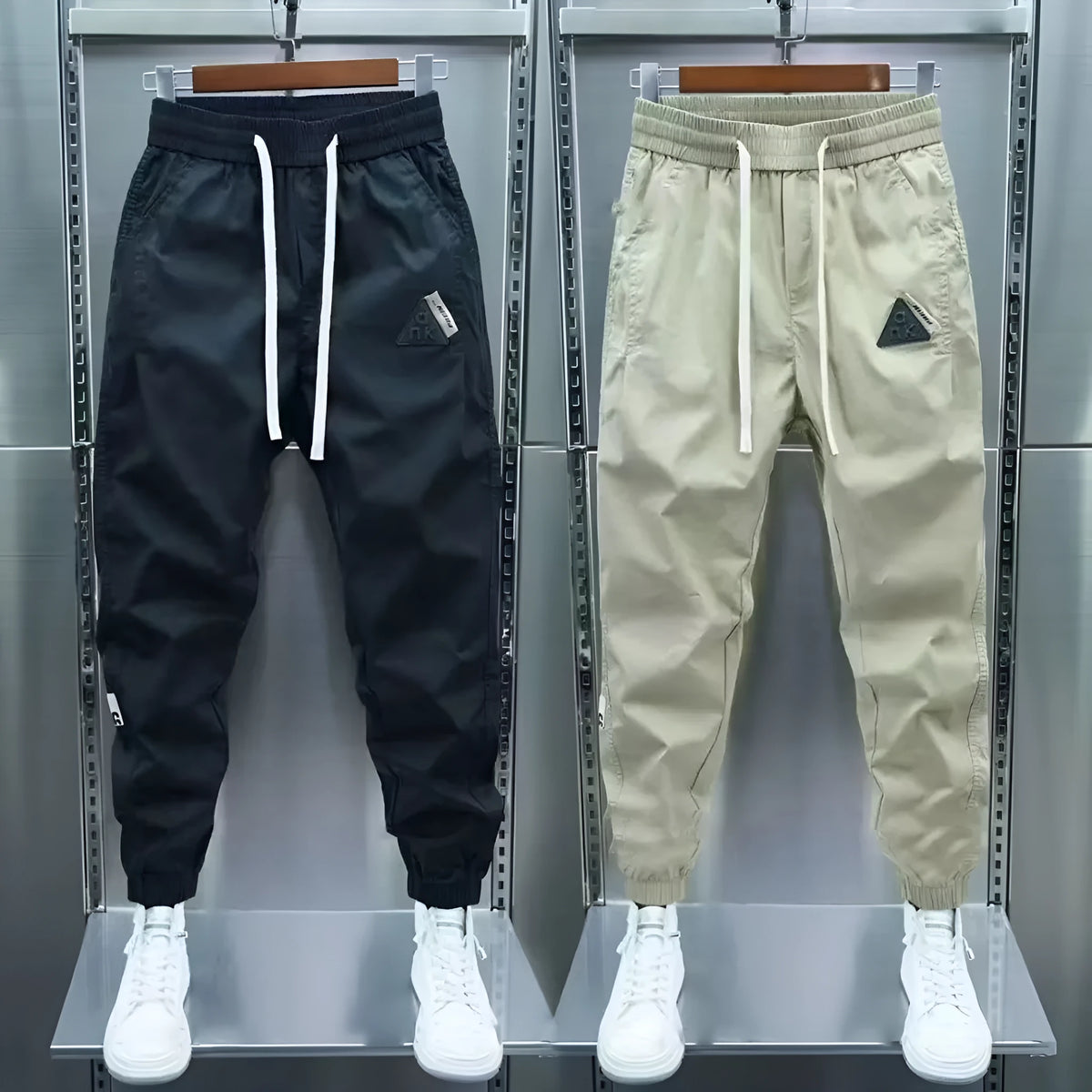 Men's ice silk leisure summer thin overalls, cropped ankle banded pants, black or gray, M-XXXL