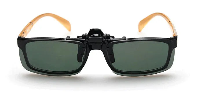 Clip-on polarised sunglasses for prescription glasses with grey, dark green, and night vision lens tint options