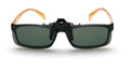 Clip-on polarised sunglasses for prescription glasses with grey, dark green, and night vision lens tint options
