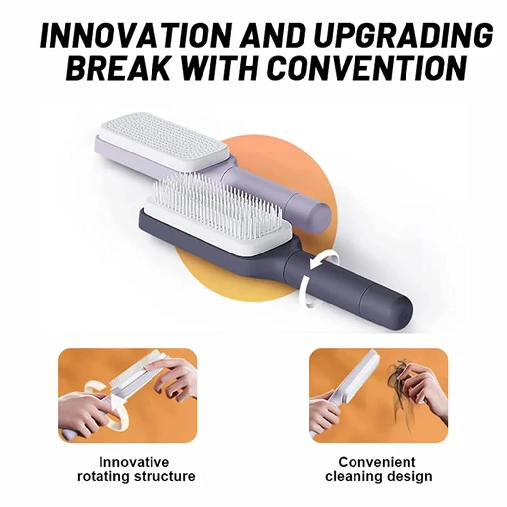Self-cleaning hair brush with rotating handle in Roland purple colour showing ergonomic plastic design