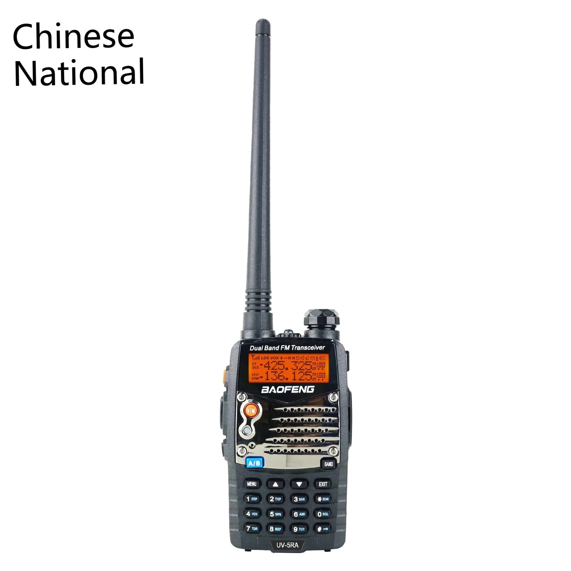 Baofeng UV-5RA black dual-band two-way radio with LCD dual display, shown with optional headset.