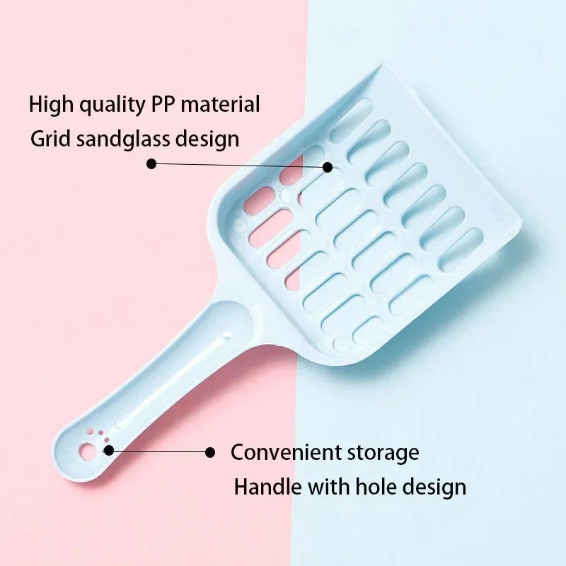 Blue plastic cat litter scoop showing length and sieve pattern for cleaning litter trays.