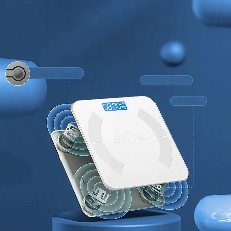 Smart Bluetooth body fat scale in white colour showing digital display and mobile app connection