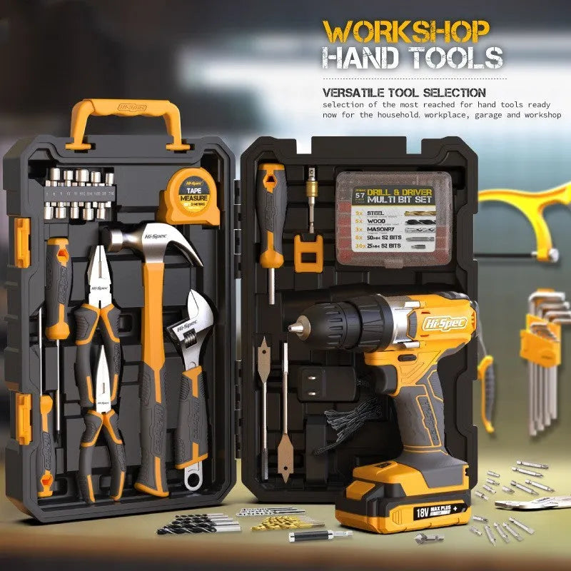 Grey and yellow toolbox containing an 82-piece chrome-vanadium steel hardware tool set for DIY repairs.