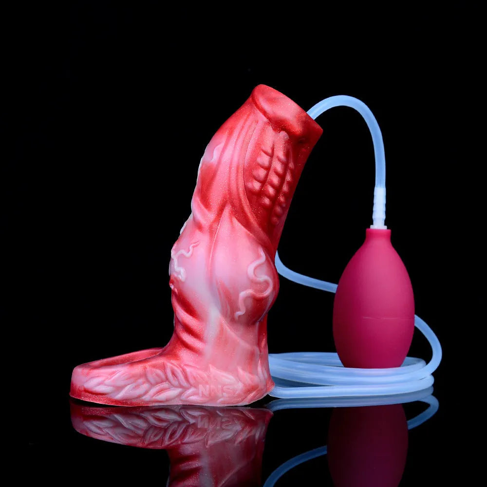 Silicone wearable male masturbator toy with manual water spray control syringe, shown in M and L size options.